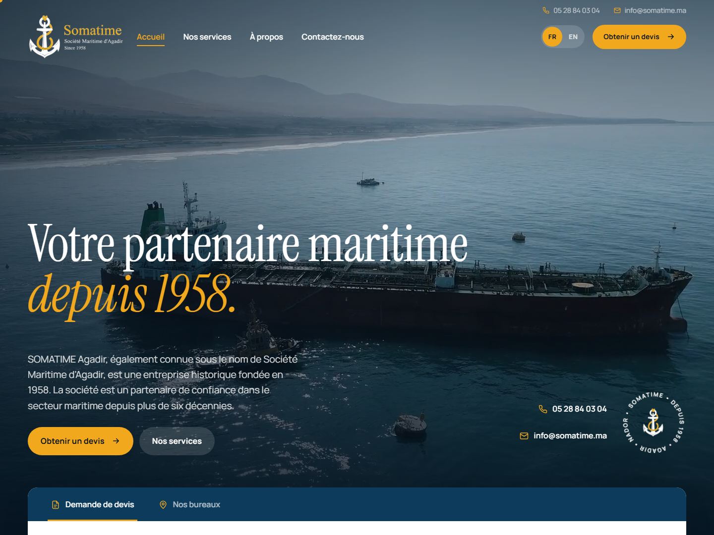 Page d'accueil du site somatime.ma : navire au large d'Agadir, titre « Votre partenaire maritime depuis 1958 »